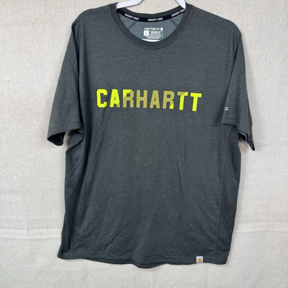 Carhartt Adult Shirt Extra Large Gray Yellow Relaxed Fit Force Pullover Tee Mens